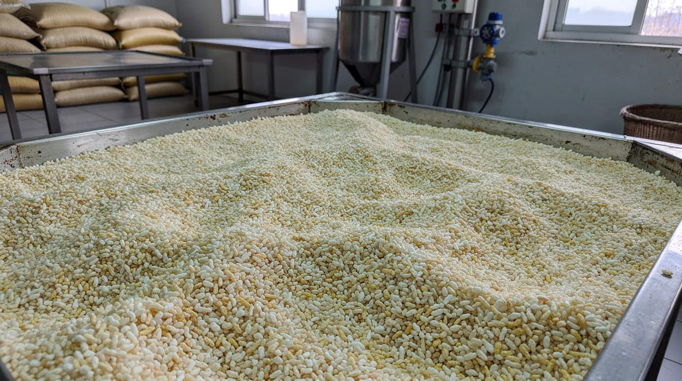 The image depicts a metal tray filled with freshly puffed rice grains in a small food processing factory, showcasing the puffed rice manufacturing process. This setting highlights the raw materials and machinery requirements essential for the production of snacks and breakfast cereals in the growing puffed rice industry.