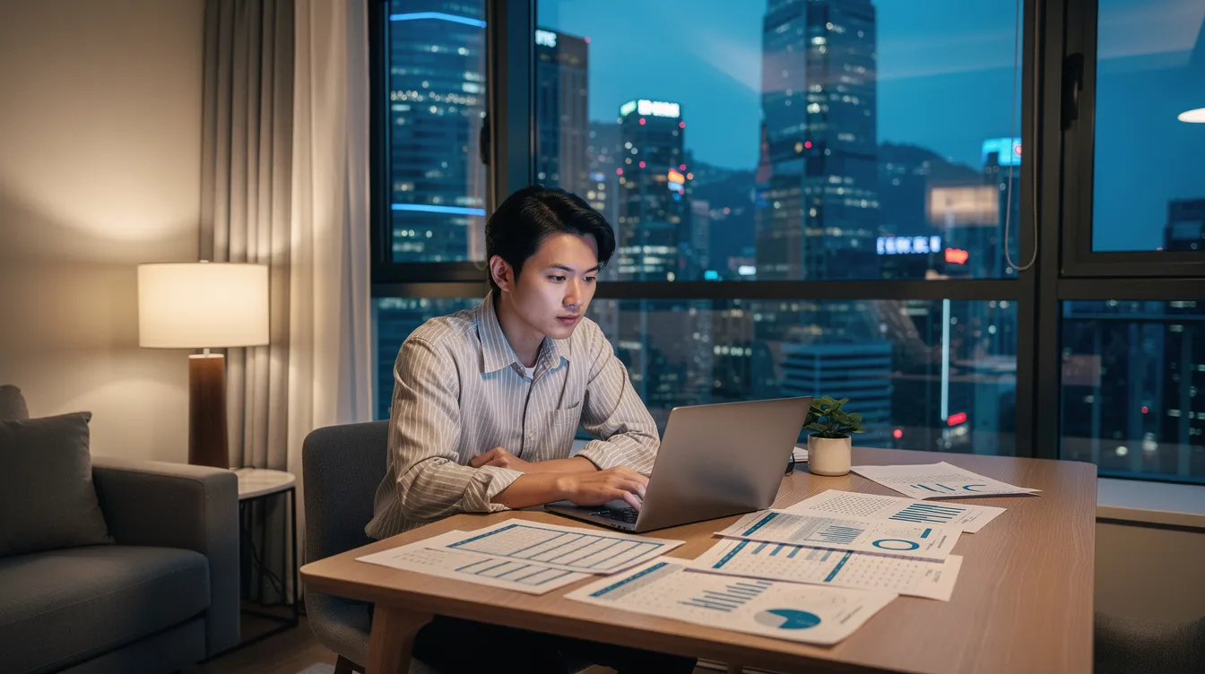 A young professional in Hong Kong is seated at a desk in their home, intently reviewing financial documents on a laptop. The environment suggests a focus on personal finance management, possibly related to applying for a loan or analyzing interest rates for their financial planning.