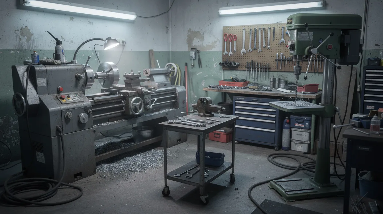 The image depicts a small workshop filled with industrial machinery, including a lathe machine and a drill press, essential for various business operations. This setup is ideal for micro enterprises looking to enhance their production capabilities and may benefit from financial assistance through schemes like the Pradhan Mantri Mudra Yojana.