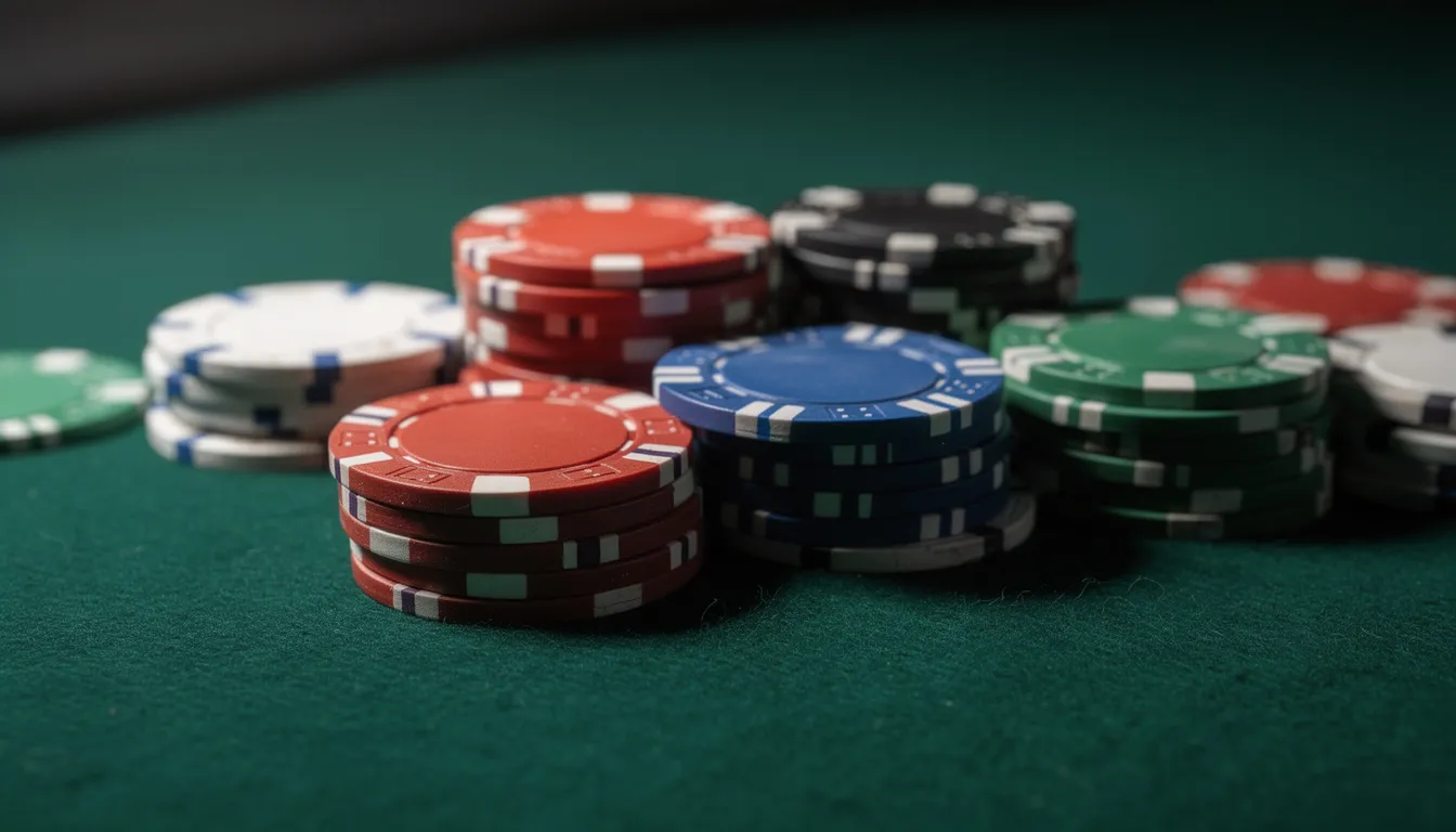 En bild av färgglada casinoklipp staplade på ett grönt filtbord, vilket ger en känsla av spänning och spelande. Dessa chips representerar olika insatser och möjligheter hos Bethard, där spelare kan njuta av live casino och bra odds.