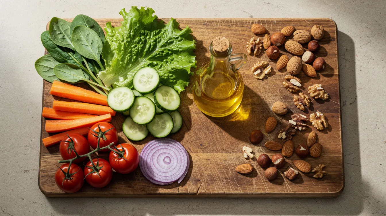 The image features a vibrant assortment of fresh vegetables, nuts, and a bottle of olive oil beautifully arranged on a wooden cutting board, highlighting the essence of a healthy diet. This colorful display reflects the principles of dietary interventions like the fasting mimicking diet, which promotes healthy aging and metabolic health through nutrient-rich food intake.