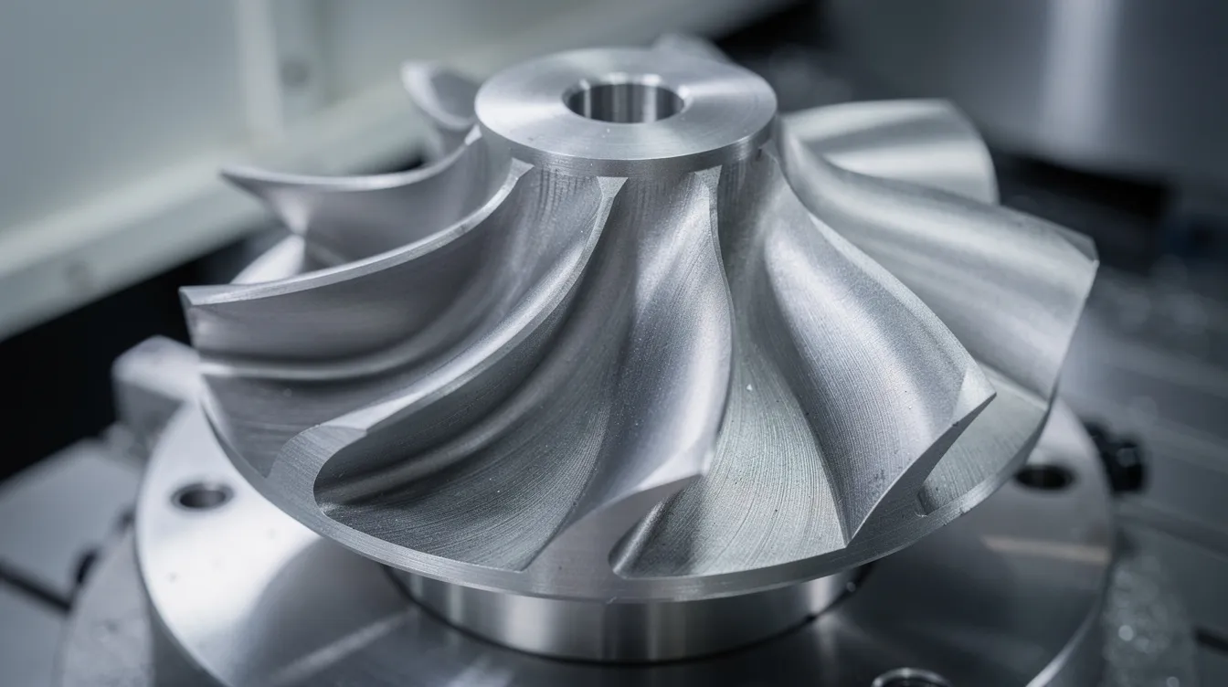 This close-up image showcases a precision-machined titanium impeller featuring intricately curved blades, secured on a machining fixture. Highlighting the capabilities of aerospace CNC machining, the impeller is designed for optimal performance in complex aerospace applications, demonstrating the importance of tight tolerances and advanced manufacturing processes in the aerospace industry.