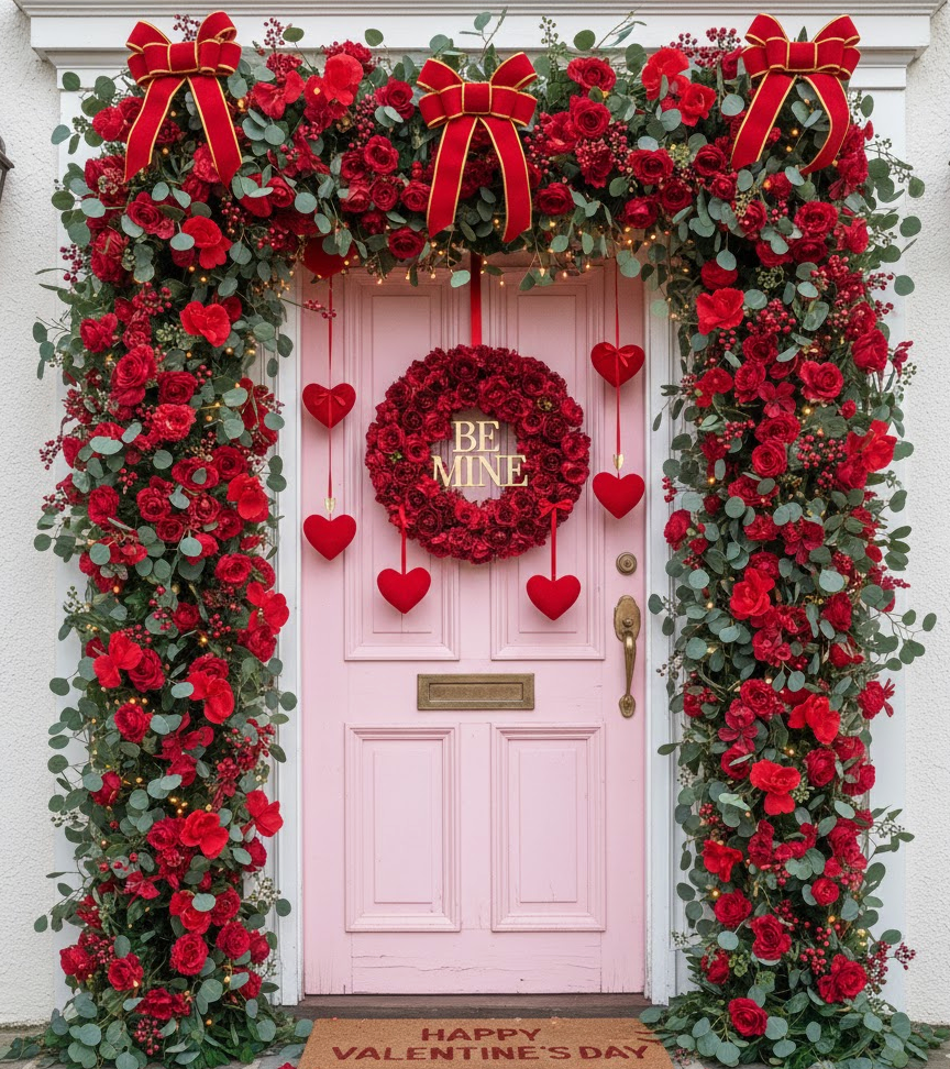 Garland over the door with red, pink and white hearts. Check price early to make sure what you want is in stock, hearts