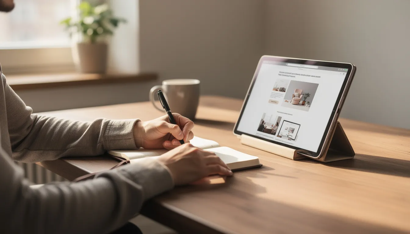 A person is seated at a desk, taking notes while browsing a tablet device, likely researching topics related to search engine optimization (SEO). The scene suggests a focus on learning SEO techniques and strategies to improve website rankings and organic traffic.