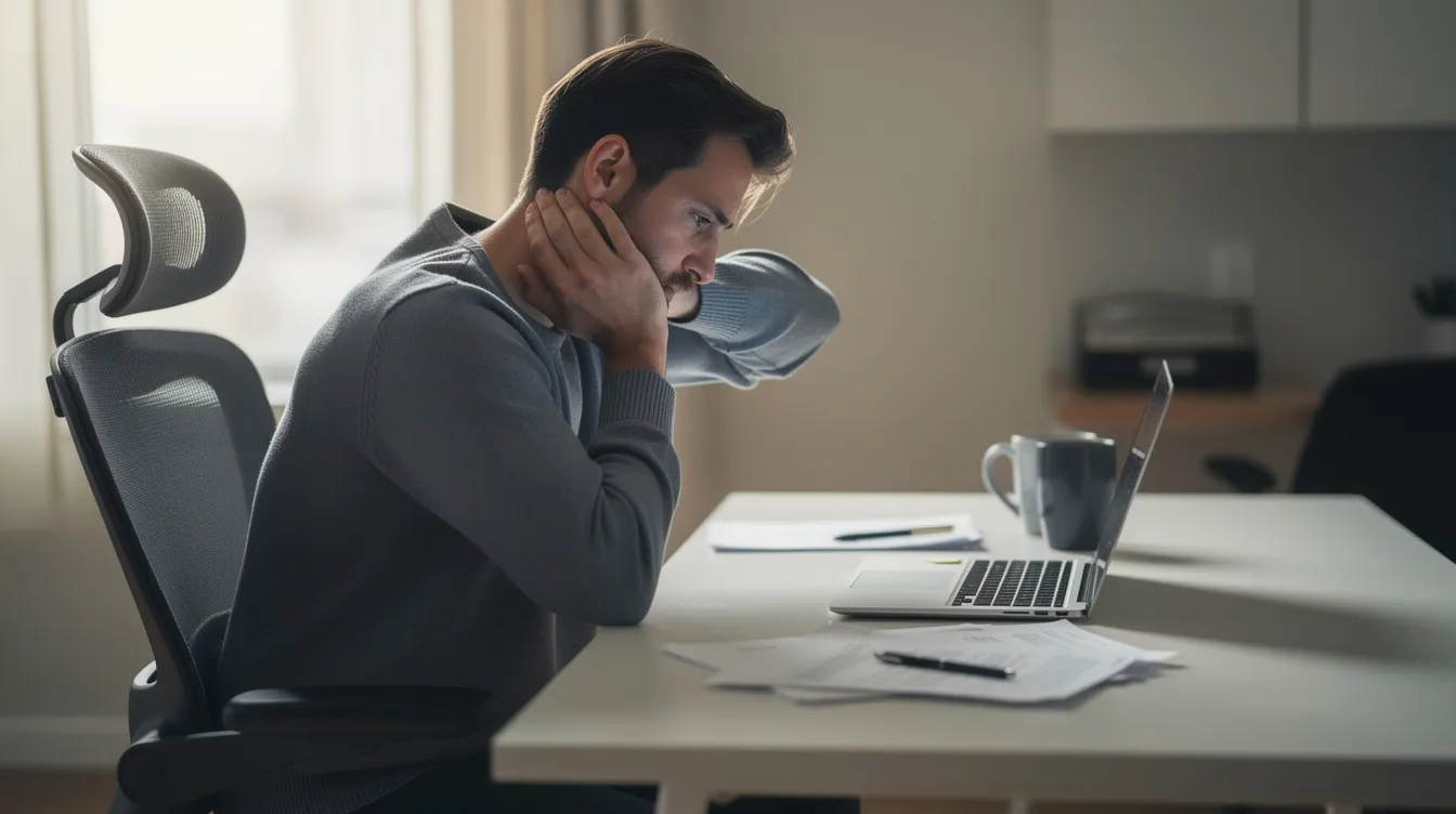 A person sitting at a desk is rubbing their neck and shoulders, showing signs of muscle tension and physical symptoms related to chronic stress. This image highlights the importance of self-care and managing stress for overall well-being, especially for those experiencing high functioning anxiety or burnout.
