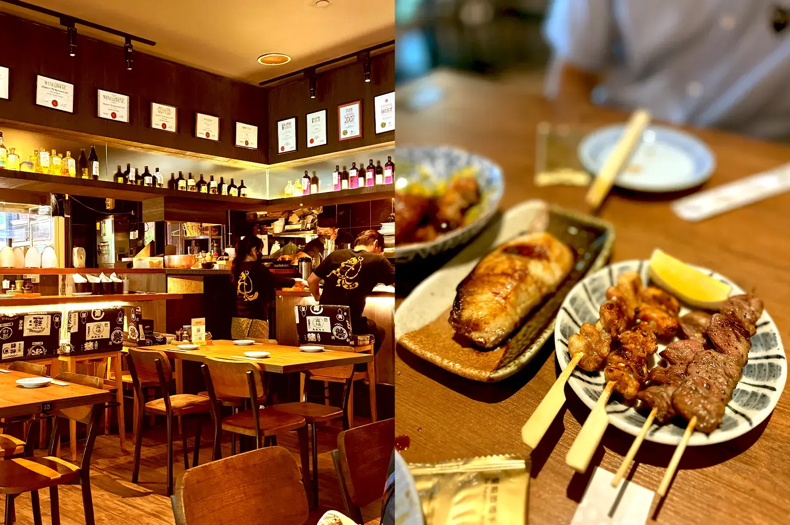 Interior of Shunjuu Izakaya in Robertson Quay, showcasing a wide selection of Japanese spirits and their signature charcoal-grilled kushiyaki skewers, ideal for after-work dining.