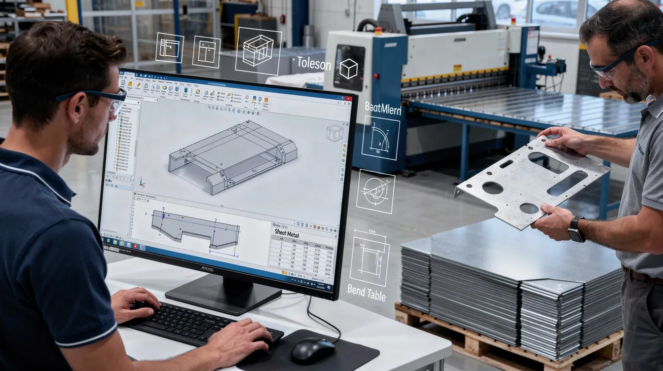 The image illustrates how Anebon enhances SolidWorks sheet metal projects, showcasing various sheet metal components and features such as tabs, flanges, and flat patterns. It highlights the design process and tools used for creating precise sheet metal designs, including custom forming tools and the importance of parameters like bend radius and sheet thickness.