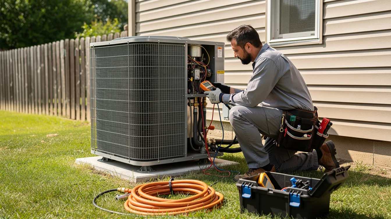 An experienced technician is inspecting an outdoor residential air conditioning unit, checking for any signs of air conditioning problems or refrigerant leaks to ensure the cooling system operates efficiently. This emergency HVAC repair service aims to restore comfort and maintain the reliability of the home’s cooling system.