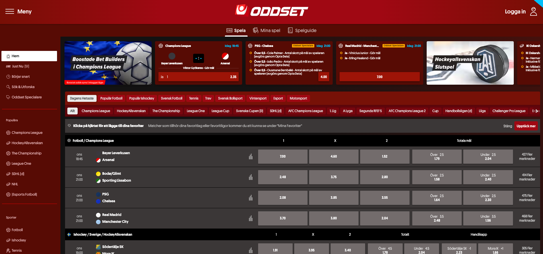 Oddset hos Svenska Spel Sport & Casino med fotboll och ishockey idag, odds, handicap och spelmarknader. Spela via meny och logga in på webbplatsen, 18 år gäller och spelstopp finns via Spelkoll.