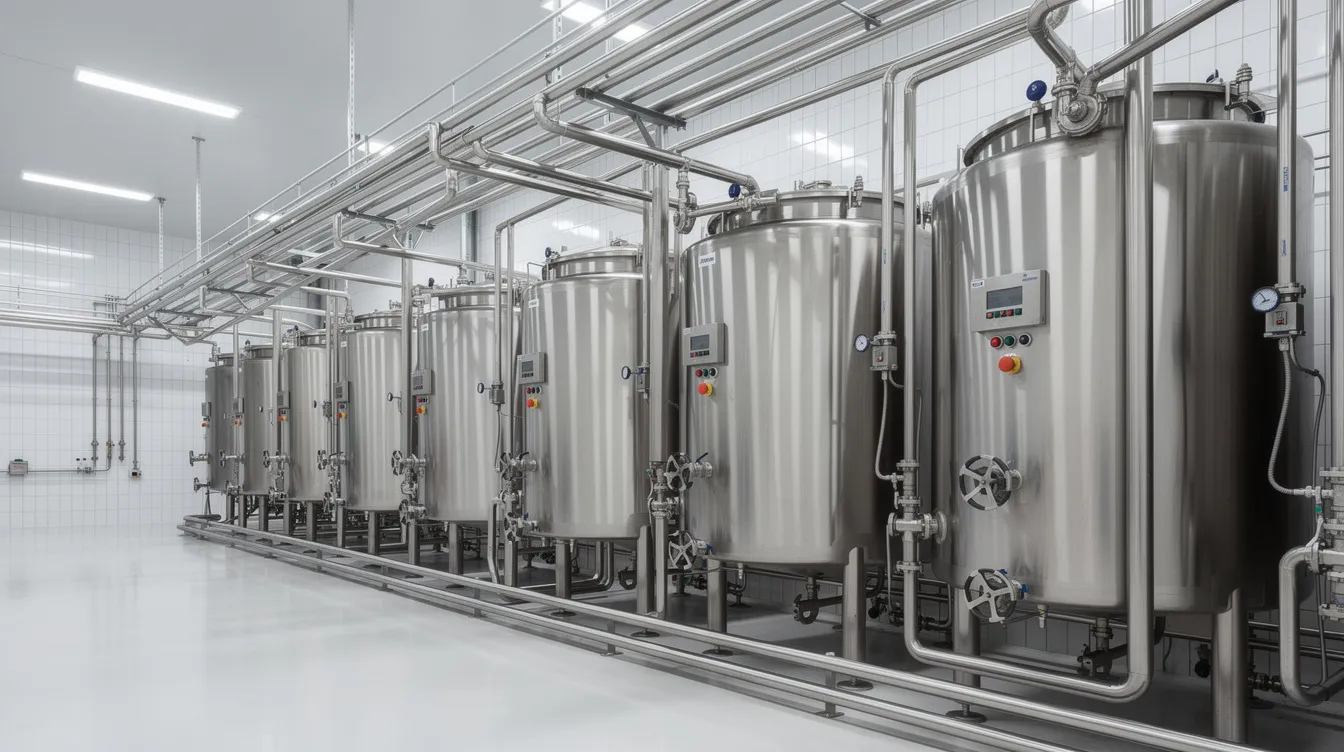 a1dc312b 4f23 4cb5 9bd6 067d9b938c29 The image depicts the interior of a modern stainless steel dairy processing plant, showcasing large pasteurisation tanks and extensive piping systems essential for efficient milk processing. This facility represents key aspects of the dairy sector, focusing on operational efficiency and value added dairy products.