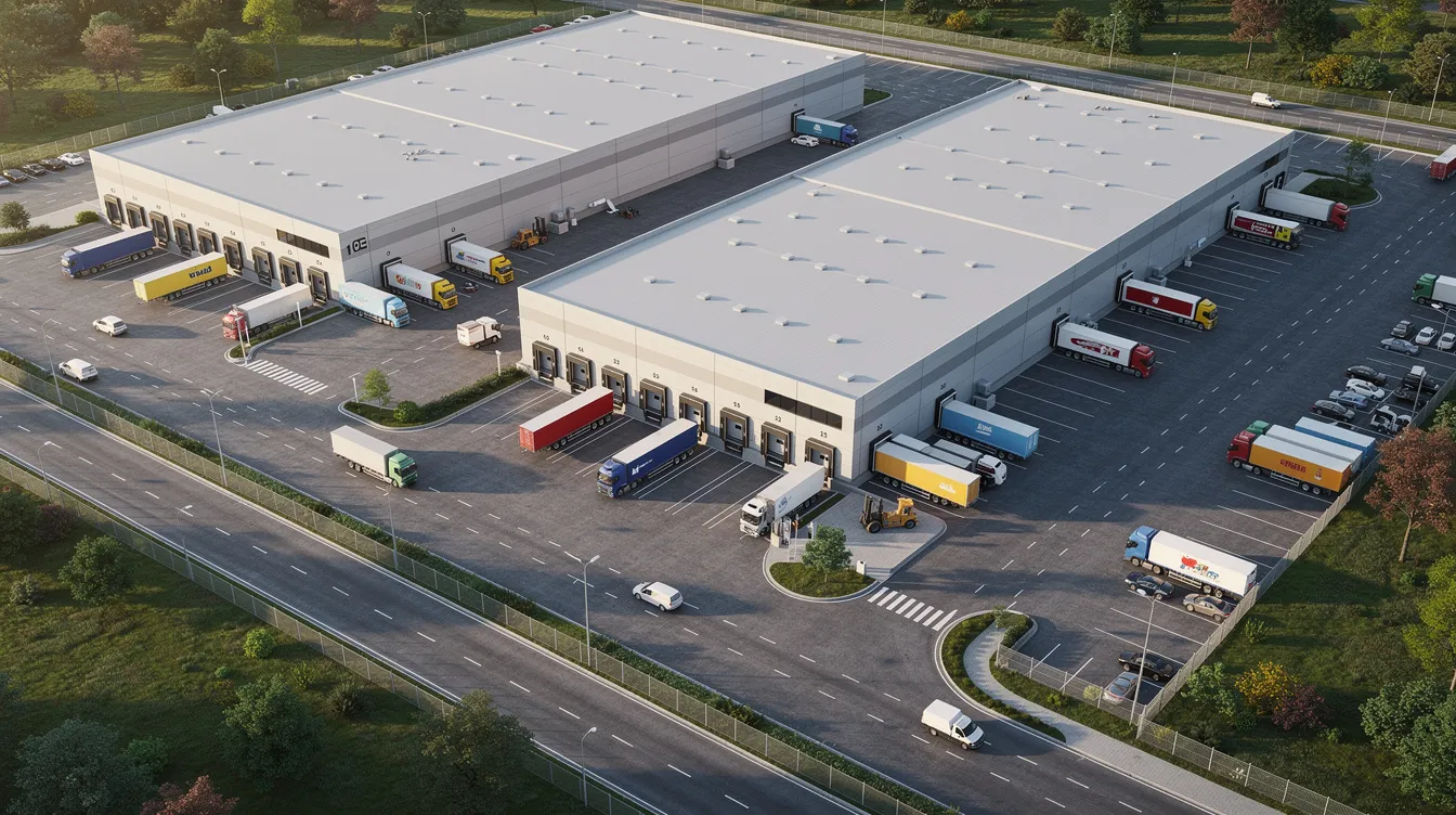 Aerial view of warehouses surrounded by delivery trucks in a logistics area.