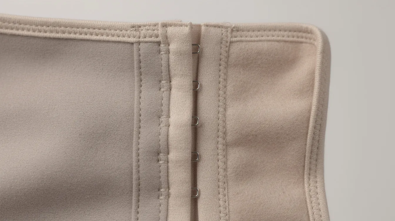 The close-up image features a compression garment designed for post-surgery recovery, showcasing adjustable hook-and-eye closures and a soft fabric lining. This garment is essential for patients undergoing procedures like tummy tucks, as it helps reduce swelling and supports the healing process by applying gentle pressure to the body.