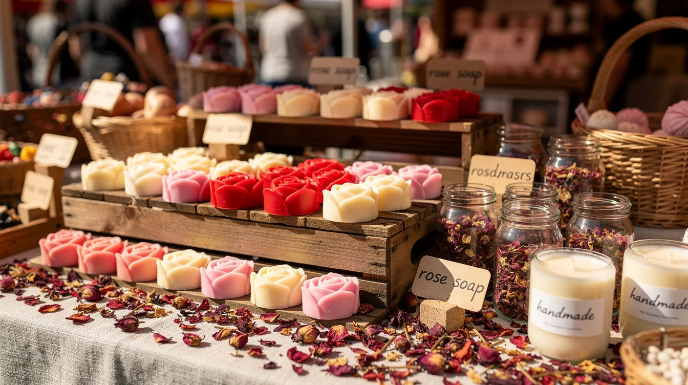 A vibrant market stall showcases an array of colorful rose soaps, dried petals, and handmade crafts, reflecting the beauty of the valley of roses in Morocco. The fragrant display includes products made from damask roses, inviting visitors to explore the essence of the rose harvest.