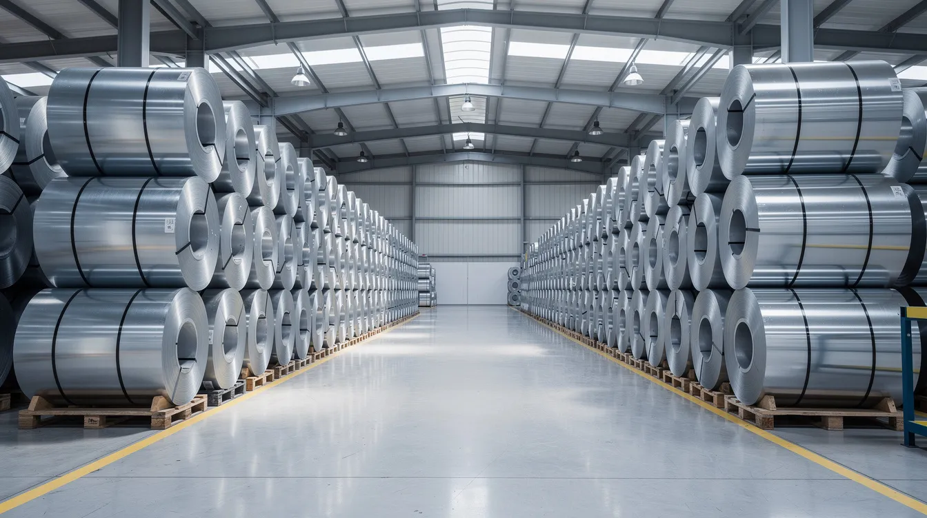 The image features bright, shiny steel coils neatly stacked in a clean industrial warehouse, showcasing the precision and surface qualities of cold rolled and hot rolled steel. The coils exhibit a smooth surface finish, indicative of the rolling process used to achieve tighter dimensional tolerances and desired shapes for various steel products.