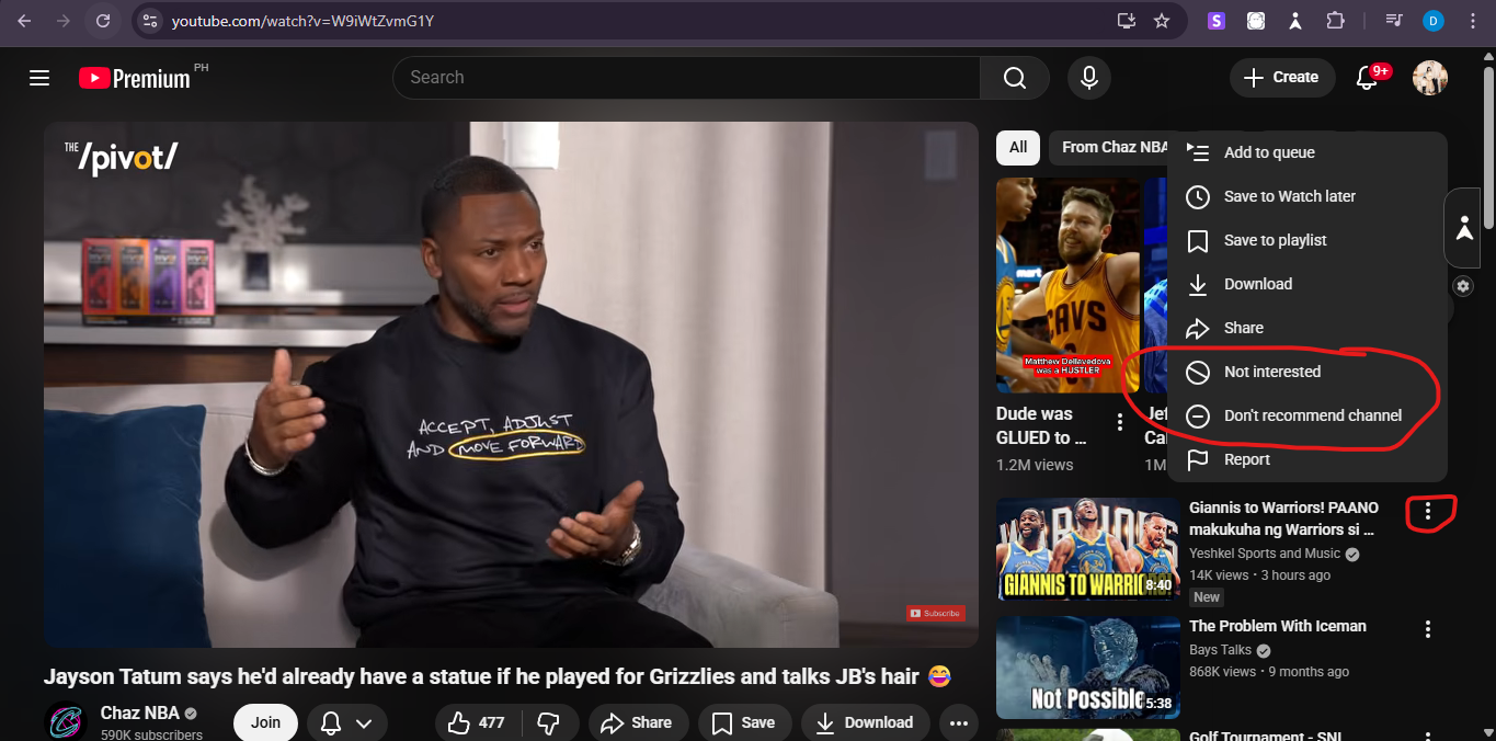 Recommended videos list on a YouTube watch page with the three-dot menu showing ‘Not interested’ and ‘Don’t recommend channel.