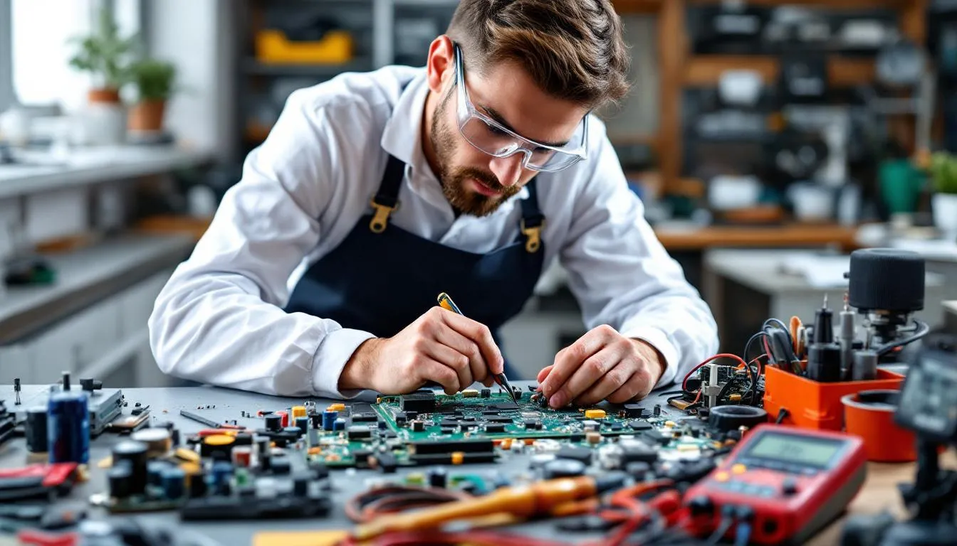 An engineer is focused on designing a custom power supply circuit board, surrounded by various electronic components such as batteries and capacitors. This setup is essential for developing efficient battery energy storage systems that support renewable energy generation and backup power solutions.