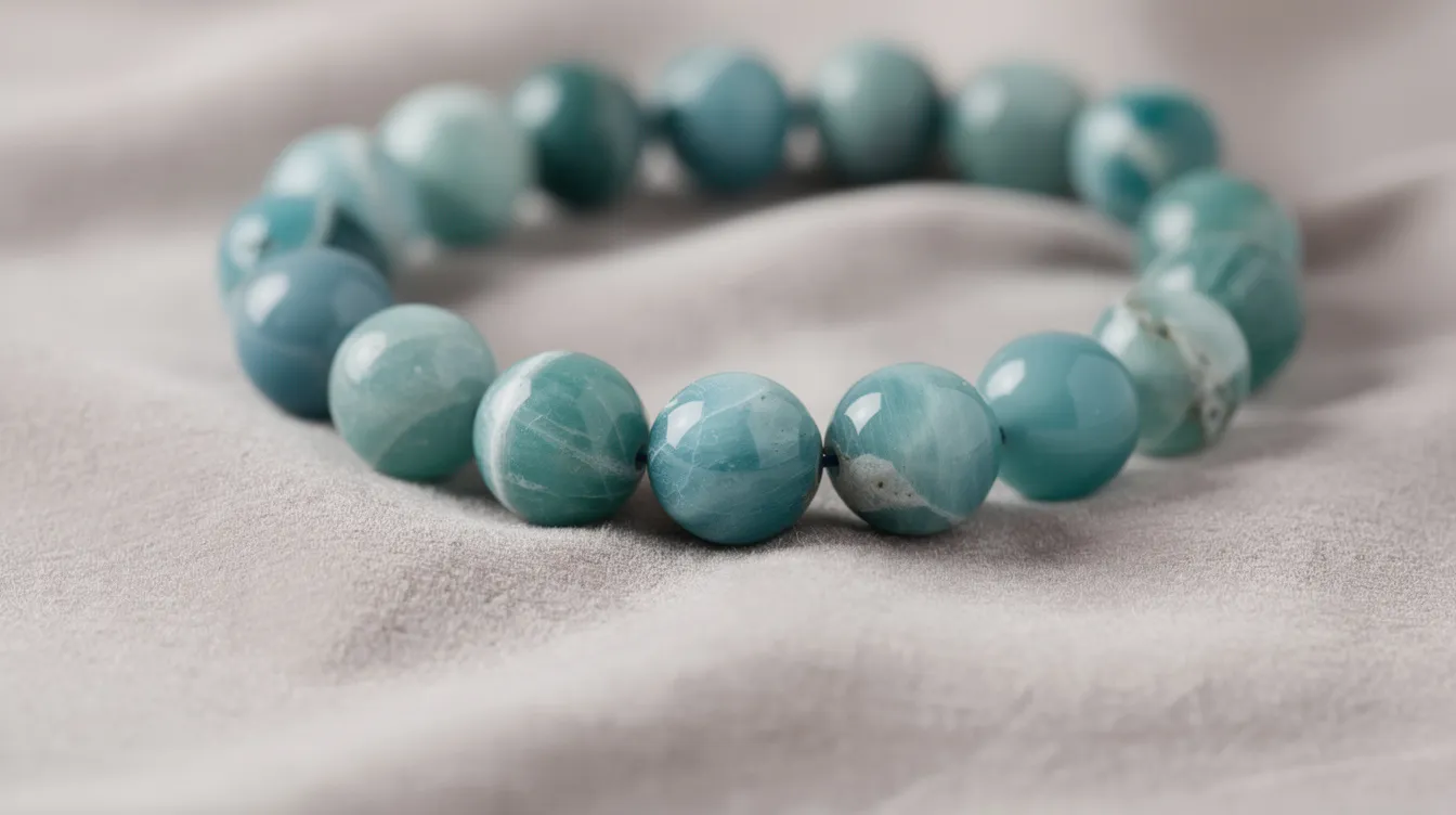 The image showcases a close-up view of polished blue-green amazonite beads, highlighting their vibrant colours and smooth texture, arranged elegantly on a soft fabric background. This semi-precious gemstone is perfect for those looking to discover beautiful amazonite jewellery products that resonate with the soul.
