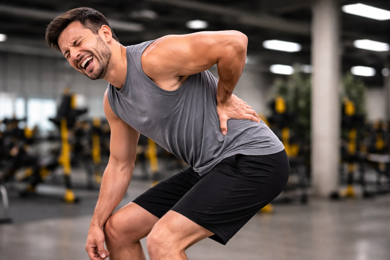 Man experiencing acute lower back pain that could indicate a muscle strain or a disc injury