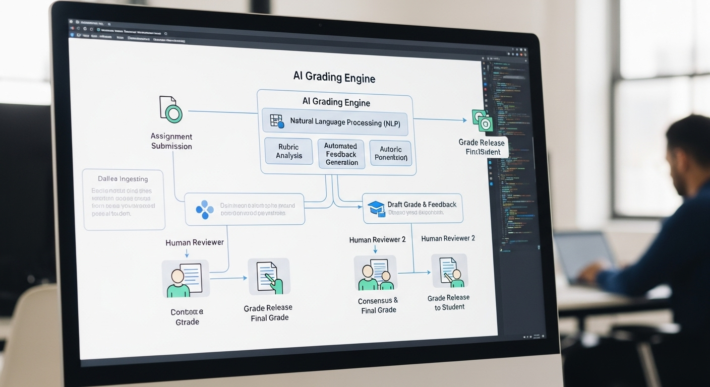 Education technology workflow diagram showing AI-assisted grading with final human validation