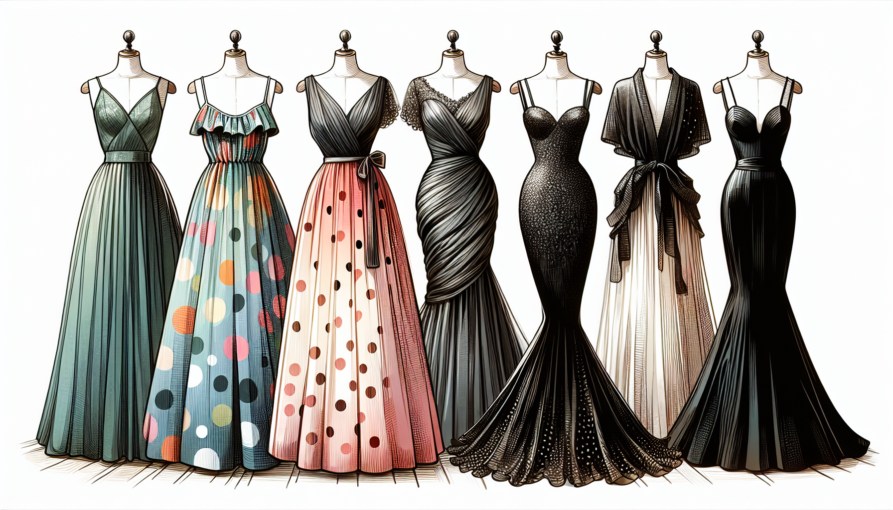 Illustration of women's dresses for different occasions