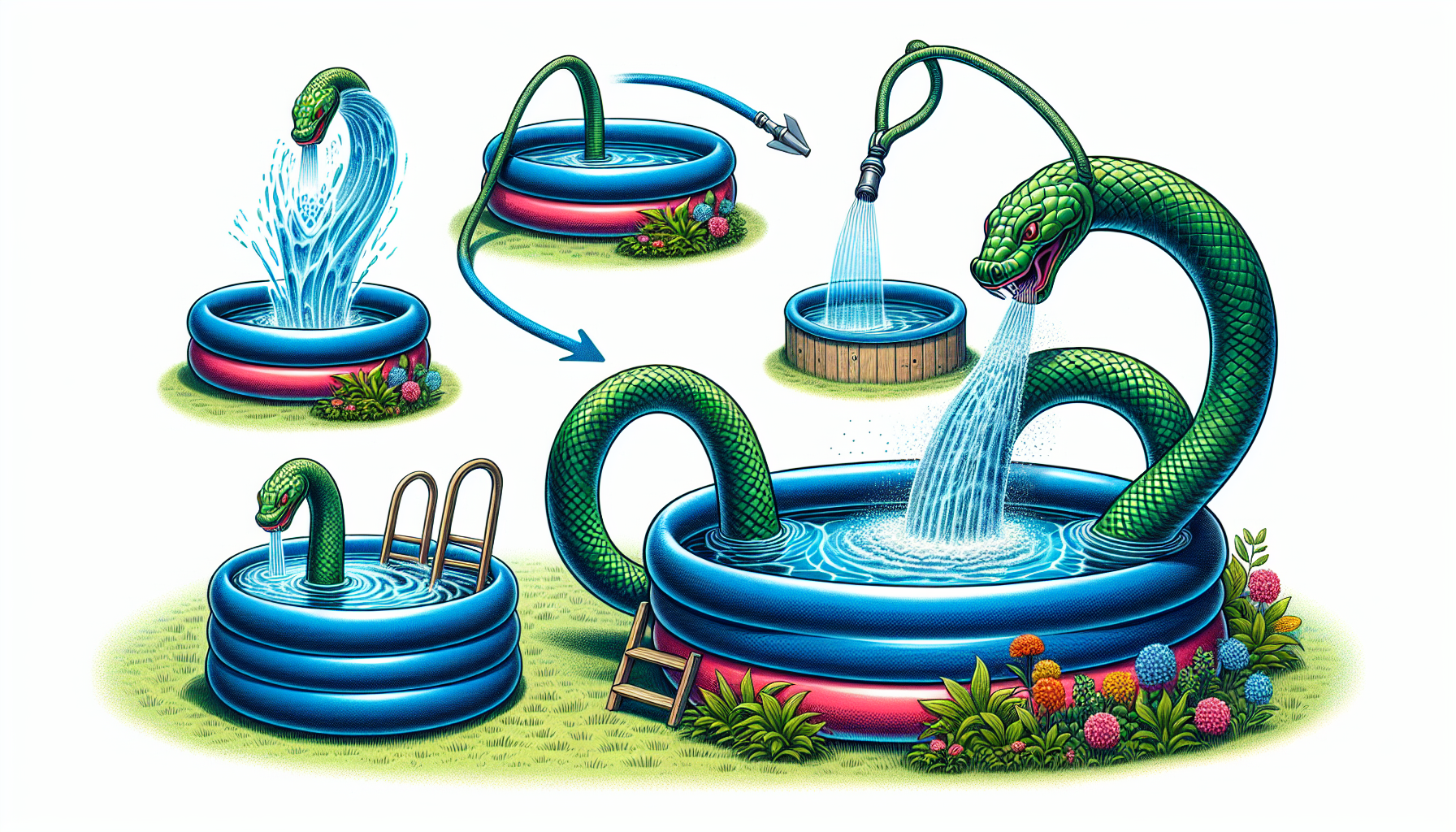 Illustration of draining and refilling the blow up pool