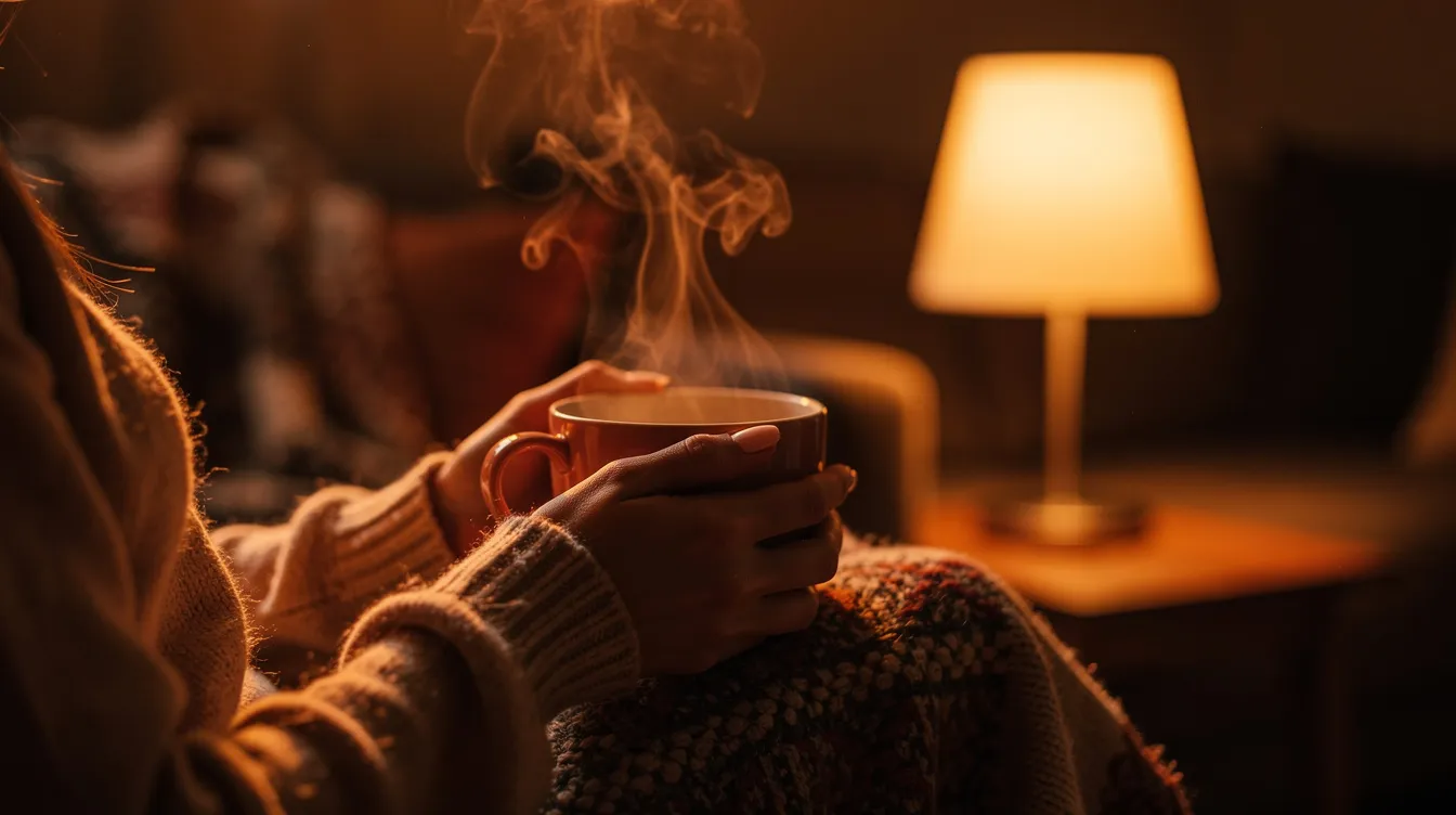 A person&rsquo;s hands gently cradle a steaming cup of chamomile tea, surrounded by a cozy evening atmosphere illuminated by a soft, dimly lit lamp, creating a perfect setting to promote relaxation and improve sleep quality. This tranquil scene suggests the use of herbal remedies as natural sleep aids for those experiencing trouble sleeping or chronic insomnia.