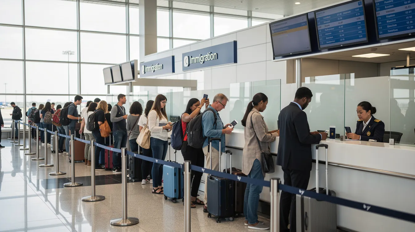 A group of travelers is standing in line at an airport immigration counter, preparing to present their passport details and necessary documents for their visa application. They appear to be discussing their travel details, likely as part of the application process for a tourist e visa to the United Kingdom.