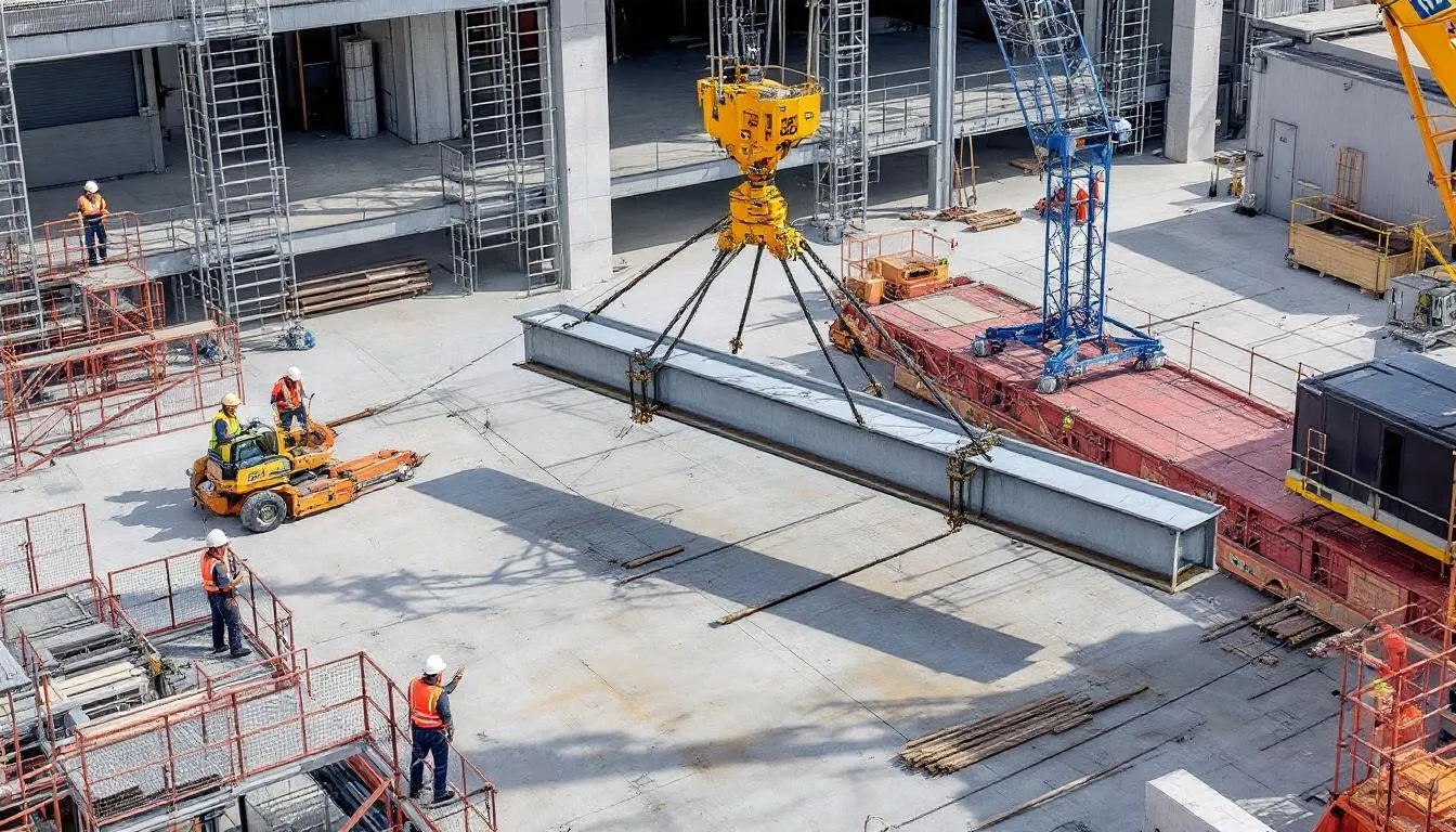 In the image, a team of workers is engaged in an industrial rigging operation, utilizing a multi-leg alloy steel chain sling for overhead lifting. The scene emphasizes safety protocols, showcasing the proper use of sling hooks and the importance of maintaining the working load limit during heavy duty applications.