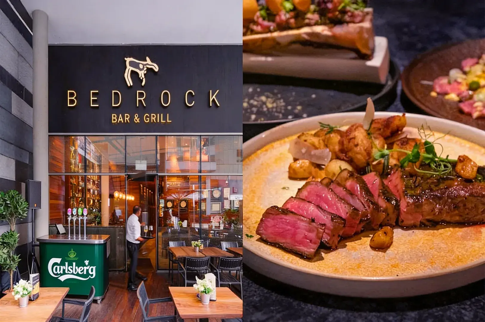 Split image shows Bedrock Bar & Grill's entrance with modern decor and wooden tables on the left, and a plate of succulent steak with roasted potatoes on the right.