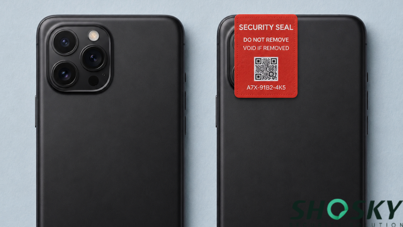 Red tamper-evident security seal applied over the camera of a smartphone