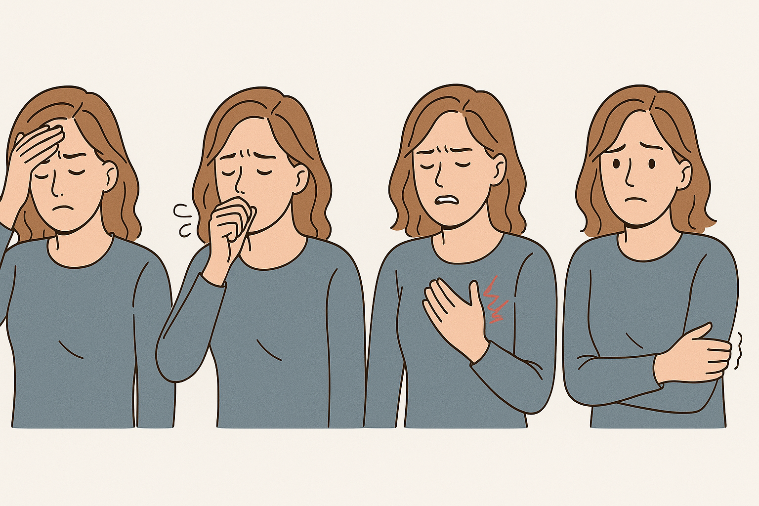 Kvinne med hodepine, hoste, brystsmerter og frysninger – vanlige symptomer illustrert med kroppsspråk og mimikk.