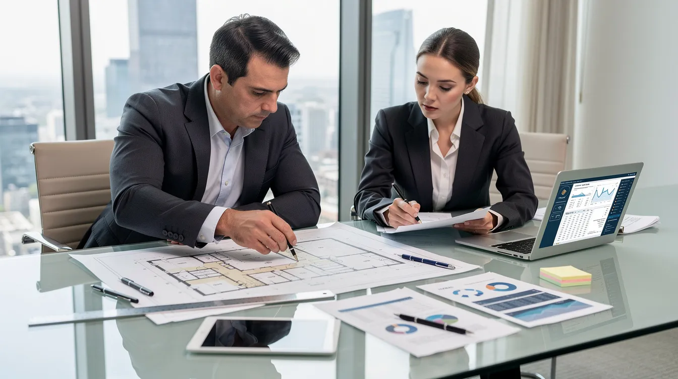 The image shows two business professionals intently reviewing architectural blueprints and financial documents at a conference table, likely discussing a hotel project and its associated bank loans and financing options. Their focus on the detailed project report suggests they are evaluating the financial needs and potential risks involved in the hospitality sector.