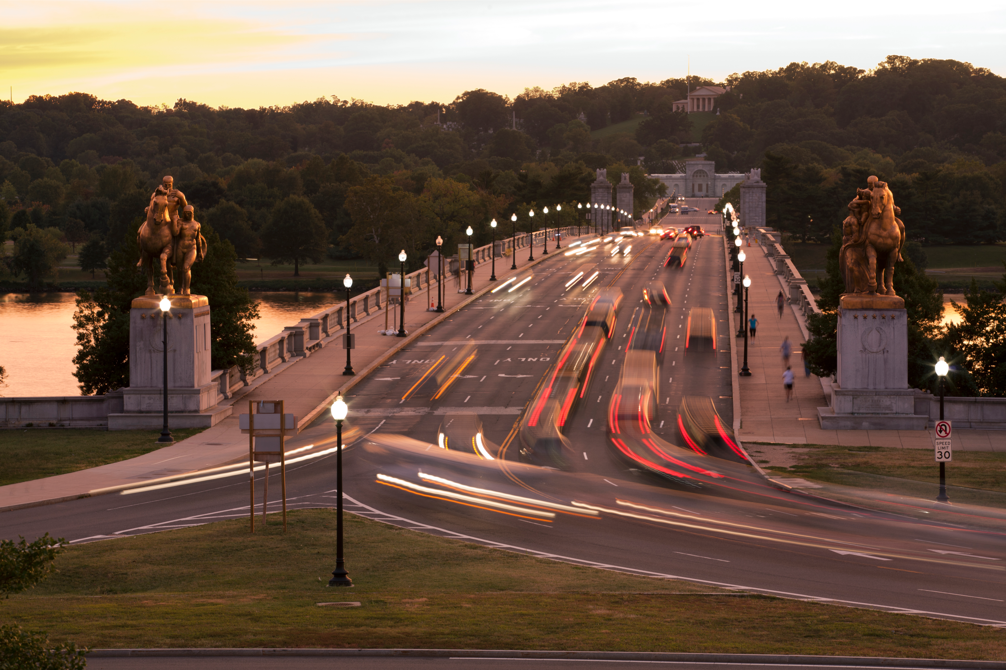 Arlington Memorial Bridge seen from the Lincoln Memorial at sunset.