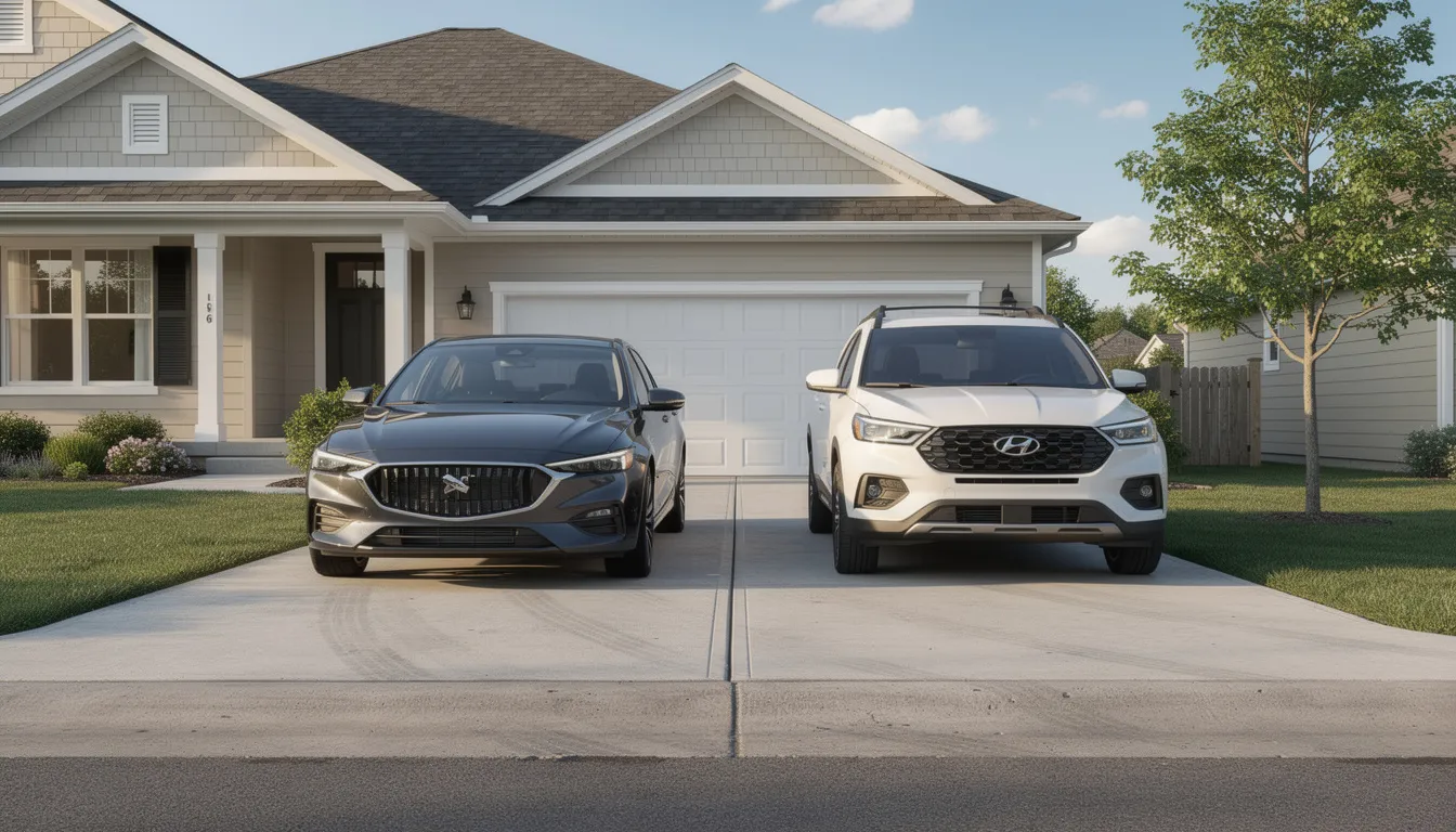 The image shows two cars parked side by side in a residential driveway, suggesting a family setting where insurance needs may include auto insurance and homeowners insurance. This scenario highlights the importance of considering coverage options, especially for married couples managing their financial situation.