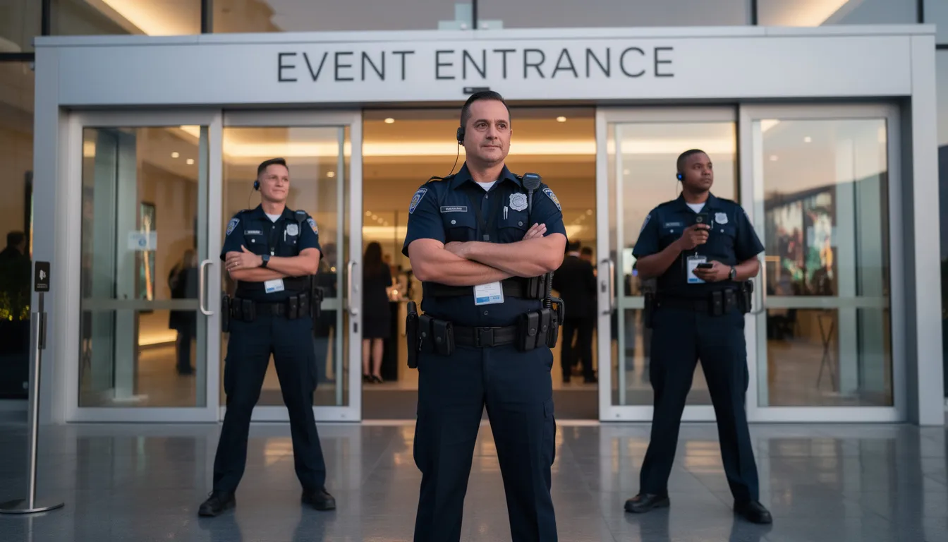 A group of professional security guards in uniforms stands at the entrance of a modern event venue, ensuring a secure environment for attendees. Their presence highlights the importance of event security services, crowd management, and access control in maintaining safety during public events.