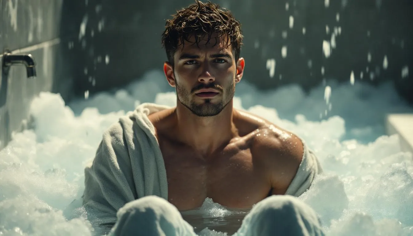 A person reflecting on their achievement while in an ice bath, marking a personal milestone.
