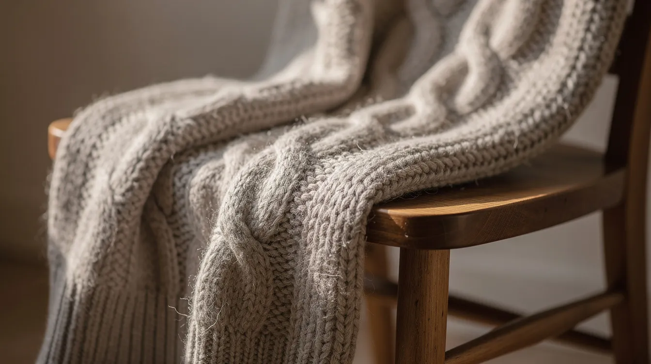 A close-up view showcases the soft, chunky cable-knit texture of a long cardigan sweater in a neutral oatmeal color, elegantly draped over a wooden chair. This piece is perfect for layering, providing warmth and comfort for a variety of casual outfits.