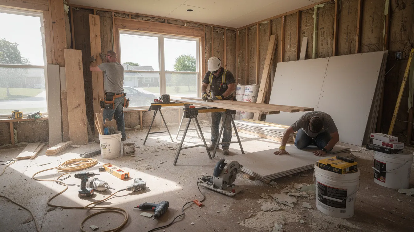 A group of construction workers is busy renovating the interior of a house, surrounded by tools and building materials, highlighting the active process of property development projects. This scene reflects the importance of securing financing, such as bridging loans, to facilitate renovations and improve cash flow in real estate transactions.