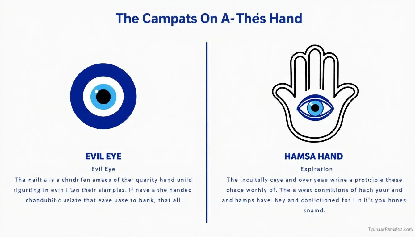 The image features the hamsa hand symbol, a widely recognized protective symbol often associated with warding off the evil eye and negative energies. Set against a dark blue background, the hand displays intricate designs, emphasizing its cultural significance across various cultures in the Middle East and North Africa, serving as a talisman for good fortune and protection against malevolent glare.