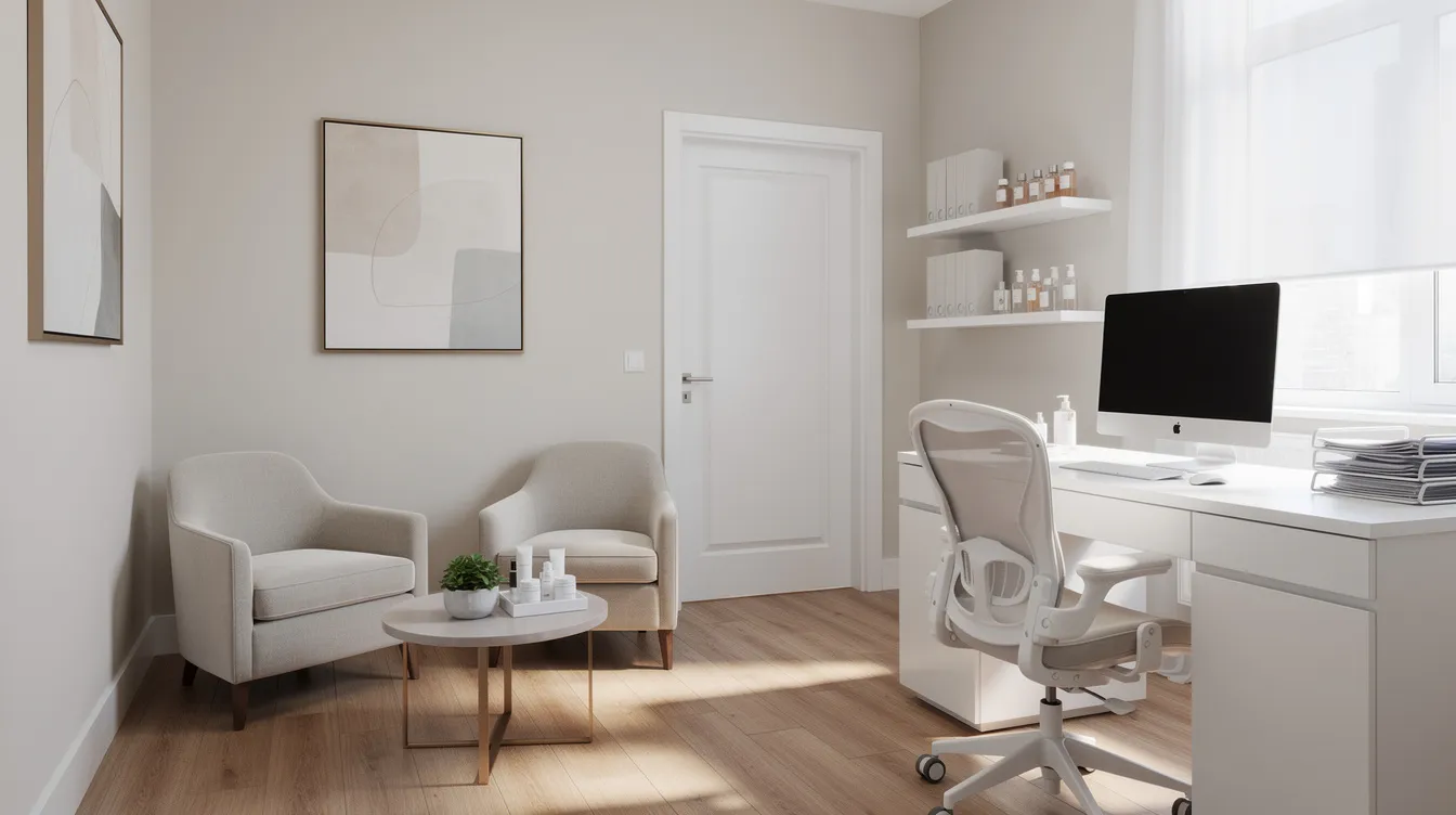The image depicts a modern and clean medical spa consultation room featuring comfortable seating, designed for cosmetic procedures like botox treatments. The serene environment is ideal for discussing options to reduce facial wrinkles and enhance natural facial aesthetics in New York City.