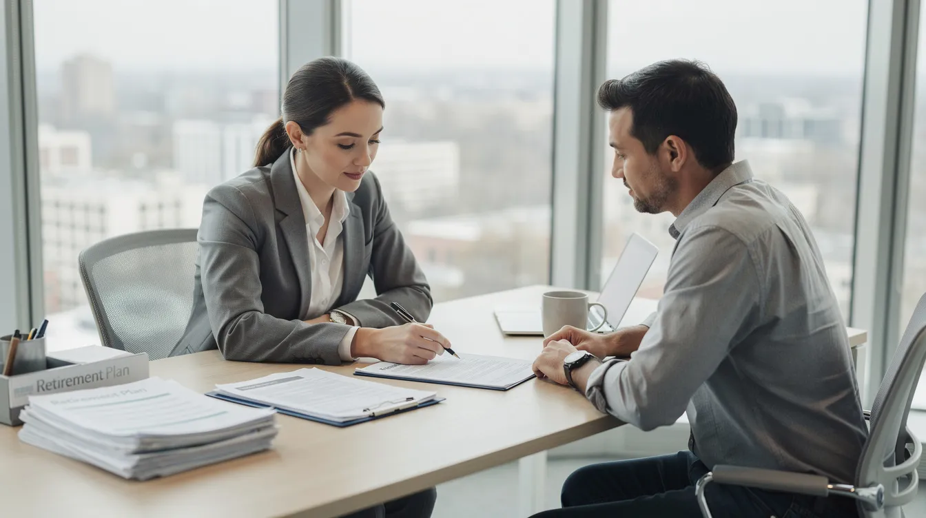 In a bright office, an advisor and a client are reviewing retirement paperwork, discussing options like converting to a Roth IRA and the associated tax implications. They are focused on how to optimize retirement funds, including Roth contributions and the benefits of tax-free withdrawals.