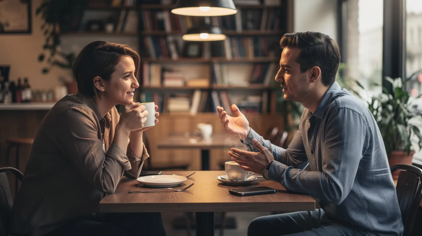 The image depicts two individuals engaged in a calm and honest conversation over coffee at a table, suggesting a moment of emotional connection and potential discussions about their relationship commitment and future plans. Their relaxed demeanor indicates a safe space for sharing feelings and overcoming any commitment issues.
