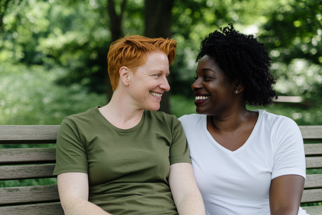 Female couple sharing a relaxed moment together in Prospect Park Brooklyn, reflecting the kind of emotional connection that deepens when cognitive behavioral therapy works
