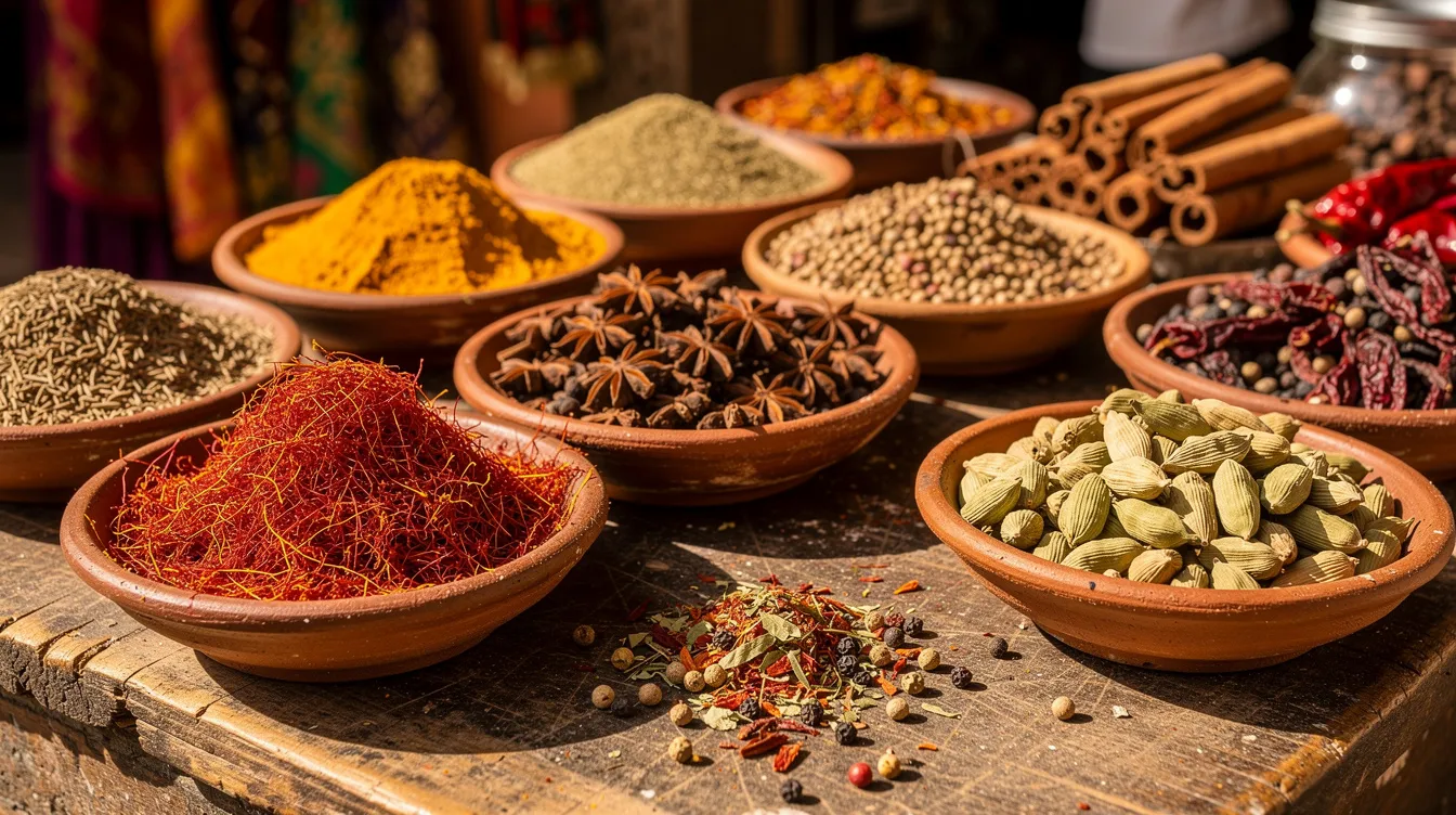 The image features a close-up view of vibrant whole spices arranged in beautifully crafted ceramic bowls at a Moroccan market. These aromatic spices, essential for Moroccan cuisine, include colorful varieties like cumin, paprika, and saffron, showcasing the rich flavors that contribute to the country's famous dishes.