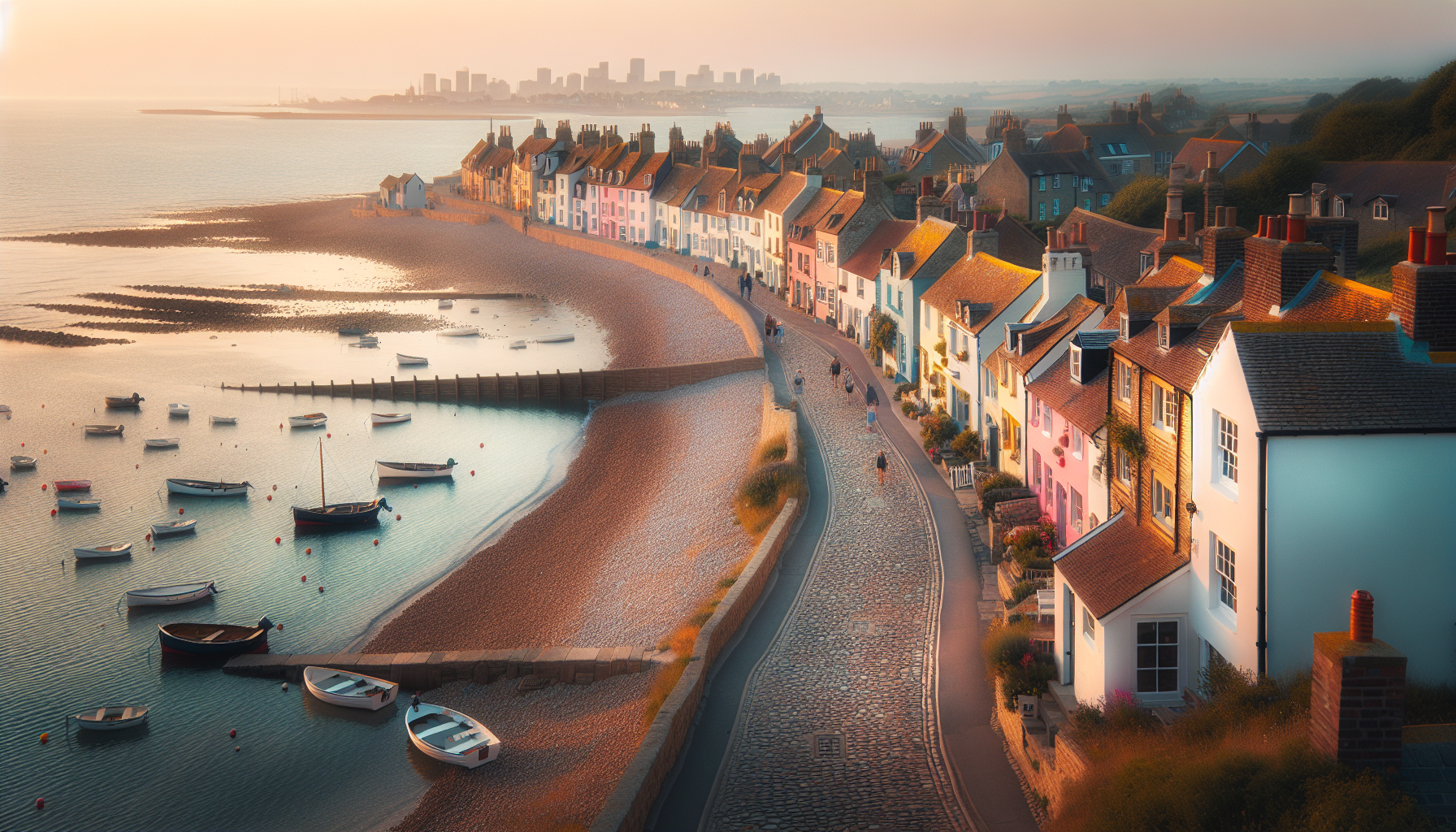 Historic coastal town with cobbled streets and pebble beach