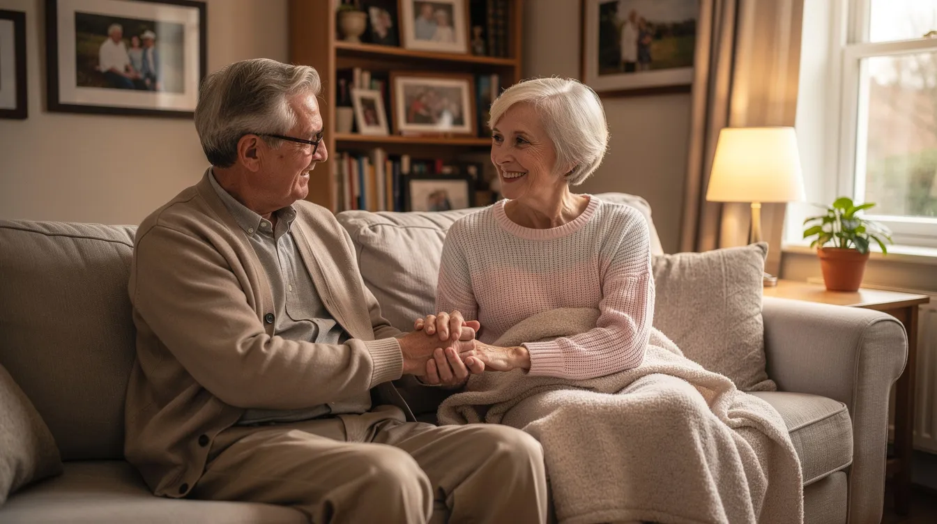 An elderly couple is sitting together in their cosy home, enjoying each other's company while surrounded by personal alarms and home monitoring systems that provide peace of mind. The scene reflects their commitment to independent living, supported by technology that ensures safety and emergency assistance when needed.