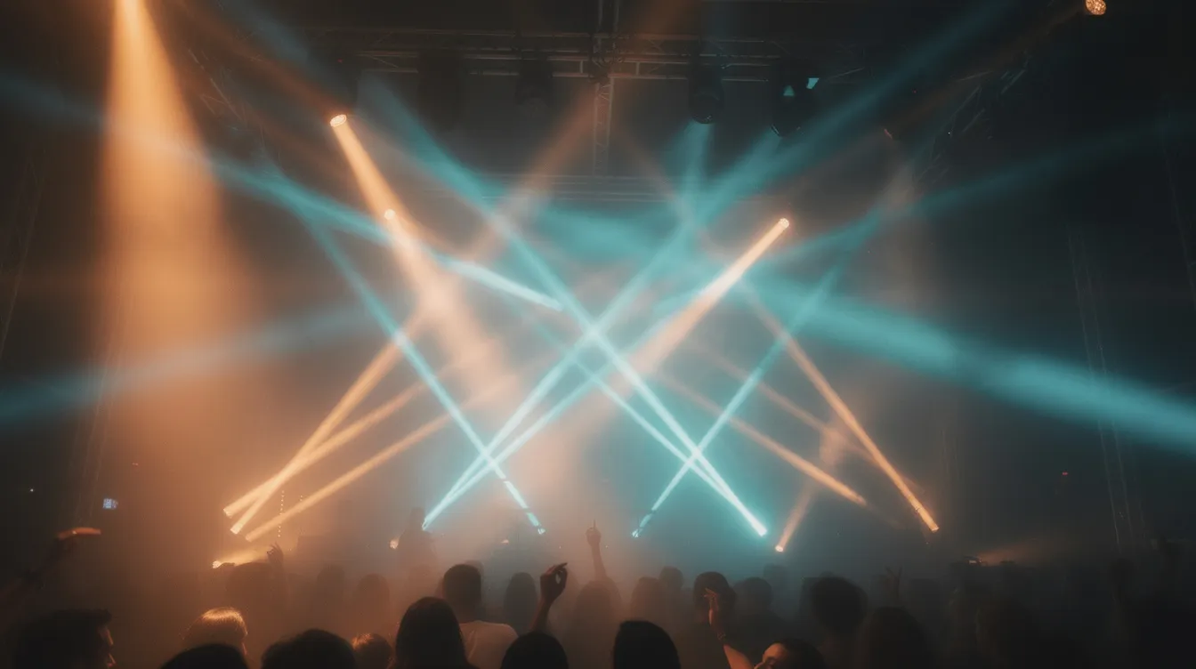 The image depicts a vibrant dance floor illuminated by dramatic concert lighting, with multiple beams of light cutting through a haze, creating a dynamic atmosphere. Warm and cool colors intersect above the crowd, enhancing the energy of the live performance and the unforgettable experience of the event.