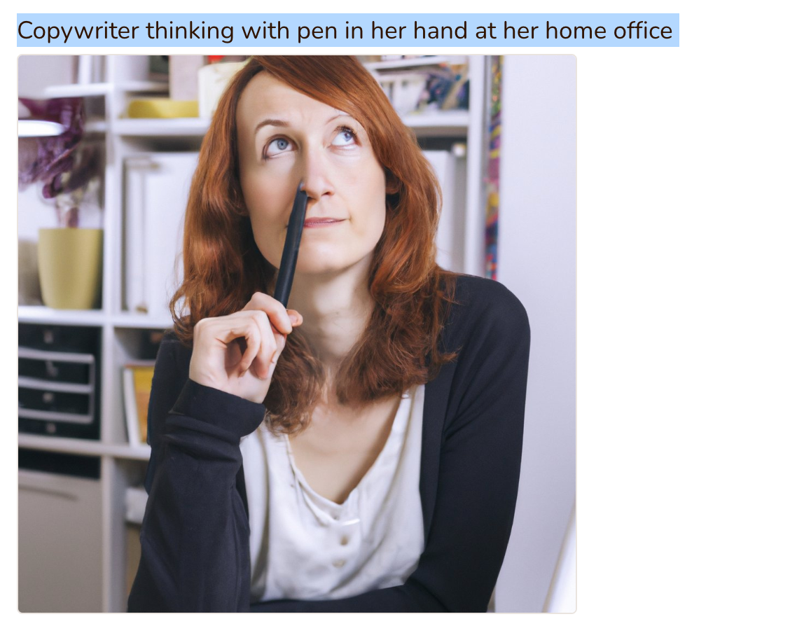 AI-generated image of a copywriter thinking with a pen in her hand 