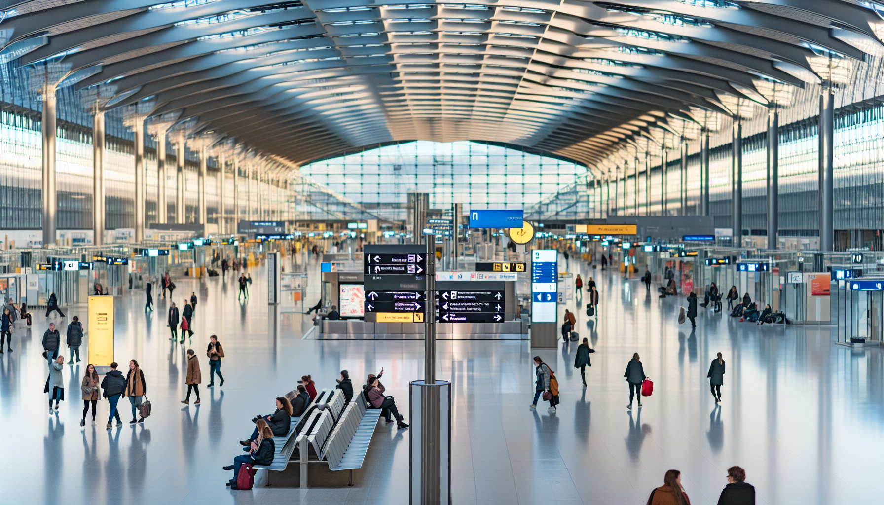 Interior of a modern train station with directional signs and amenities