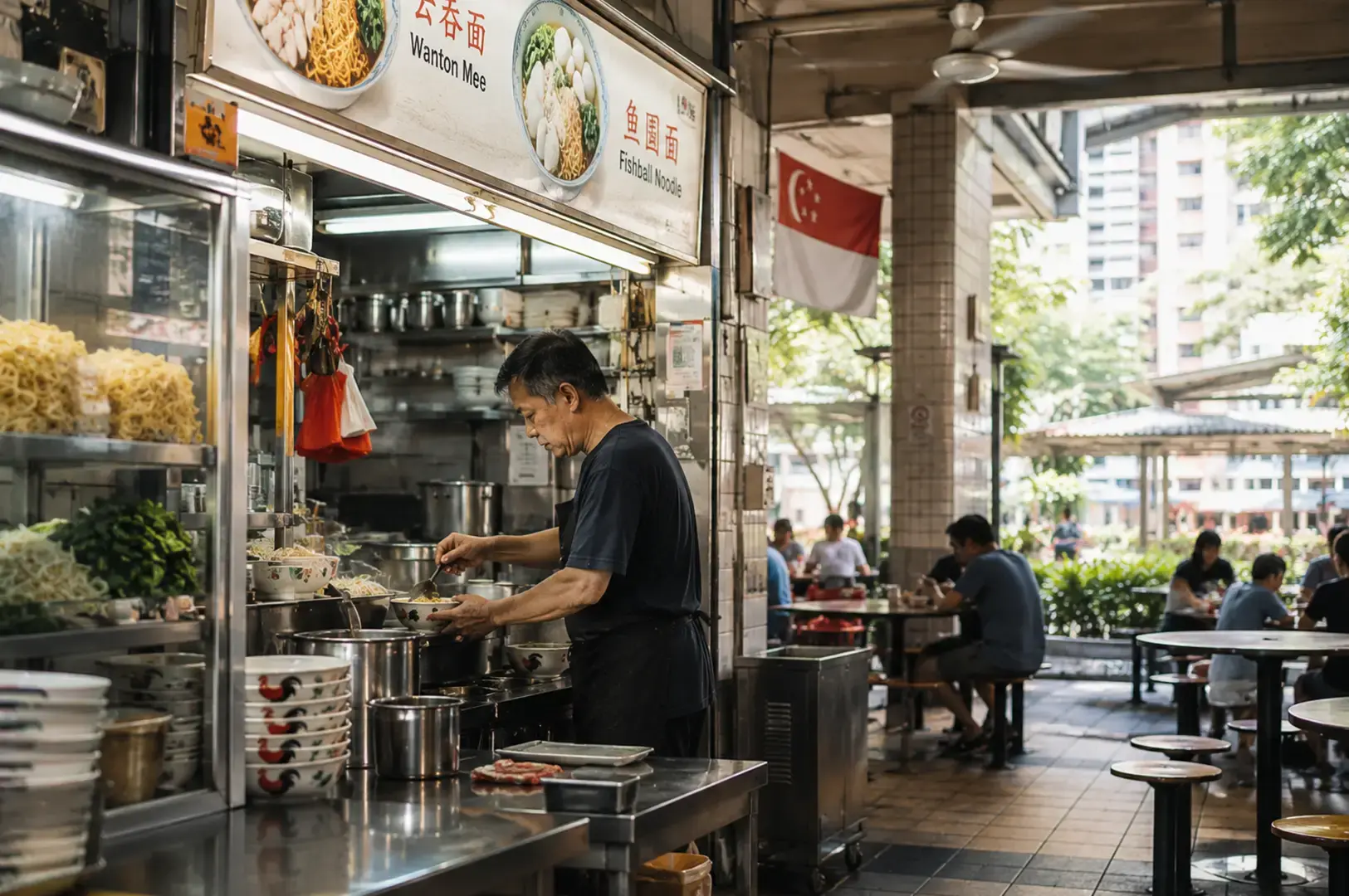 Hawker-stall cook preparing noodles beside an open-air dining area.